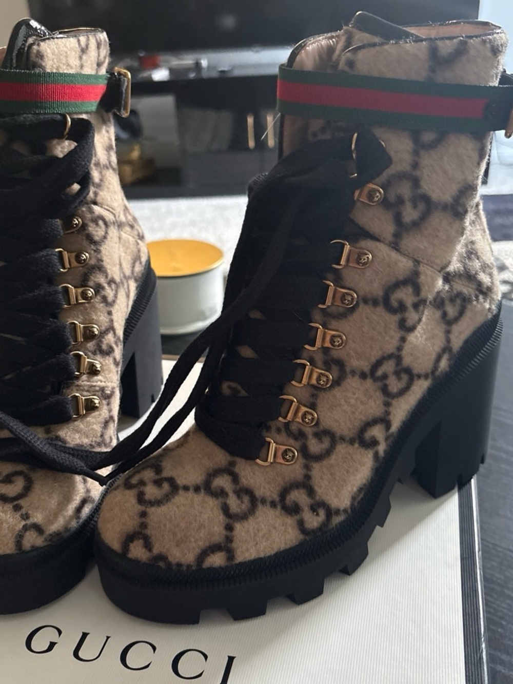 Gucci Beige GG Wool Lace-Up Platform Ankle Boots with Green-Red Web Strap